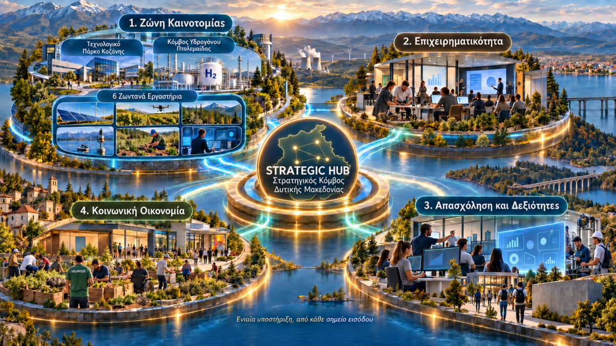 Εικαστική σύνθεση του Strategic Hub (Στρατηγικού Κόμβου) Δυτικής Μακεδονίας με τέσσερις πυλώνες. Στη Ζώνη Καινοτομίας εντάσσονται το Τεχνολογικό Πάρκο Κοζάνης, ο Κόμβος Υδρογόνου Πτολεμαΐδας και έξι Ζωντανά Εργαστήρια.