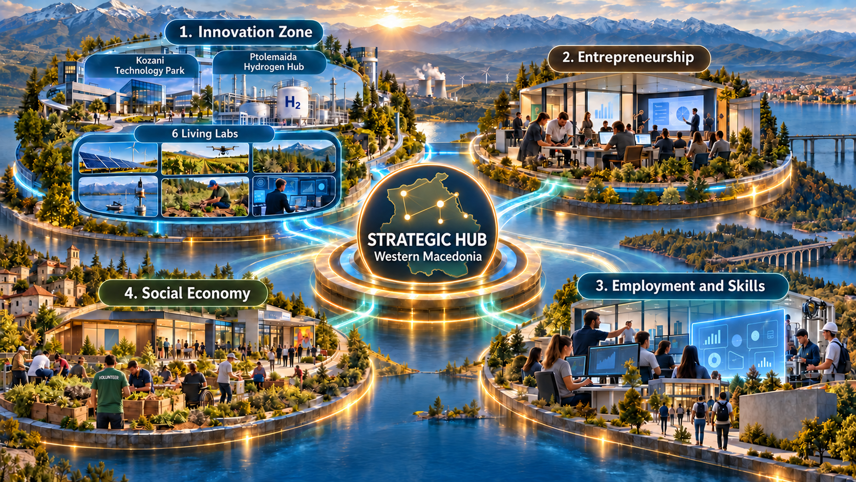Εικαστική σύνθεση του Strategic Hub (Στρατηγικού Κόμβου) Δυτικής Μακεδονίας με τέσσερις πυλώνες. Στη Ζώνη Καινοτομίας εντάσσονται το Τεχνολογικό Πάρκο Κοζάνης, ο Κόμβος Υδρογόνου Πτολεμαΐδας και έξι Ζωντανά Εργαστήρια.